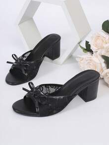 Women's Thick High Heel Round Toe Sandals, Spring/Summer New Narrow Heel Petite Sexy Open Toe Sandals With Bow Decor,Chunky Heels - Black - View 2
