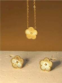 Conjunto de collar y aretes de flor de acero inoxidable de 3 piezas - Moda única, retro, dulce, fresca y versátil, adecuado para hombres, mujeres, parejas, calle, fiesta, uso diario - multicolor - Ver 6