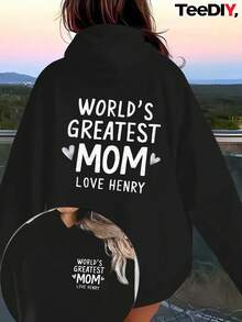 Women's Hooded Sweatshirt Teediy World's Best Mom Loves Henry Hoodie - Green Heart Design, Long-Sleeved Casual Pullover With Front Pocket, Comfortab - Black - View 1