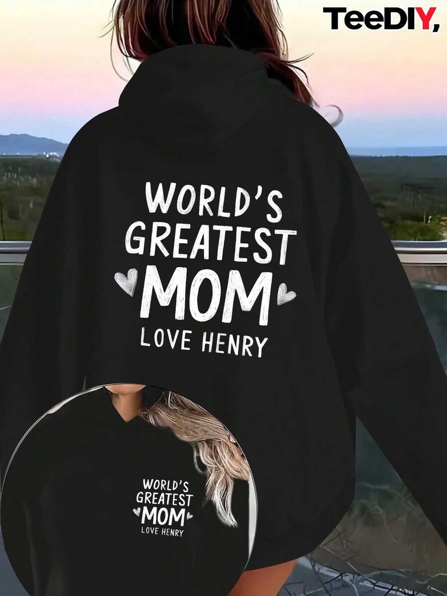 Women's Hooded Sweatshirt Teediy World's Best Mom Loves Henry Hoodie - Green Heart Design, Long-Sleeved Casual Pullover With Front Pocket, Comfortab - Black - View 1