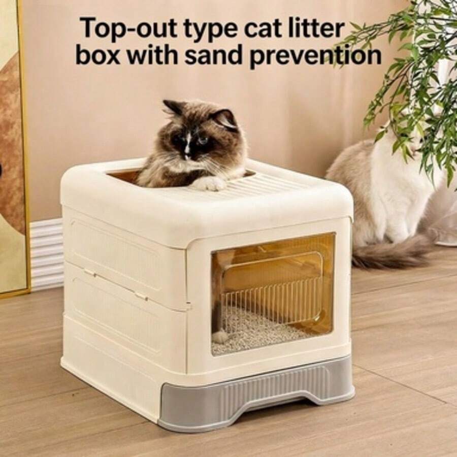 可折叠超大全封闭式猫砂盆 – 隐藏式抽屉，防溅，方形顶部入口宠物用品 - M - 查看 1