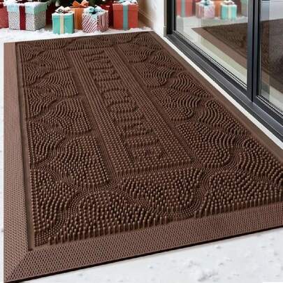 Front Door Mat Outside Entrance, Heavy Duty Rubber Door Mats Non-Slip Waterproof Welcome Doormat Outdoor, Low Profile Patio Doormats Dirt Trapper Indoor Mats For Entryway, 17x30 Inches, Brown,42598403