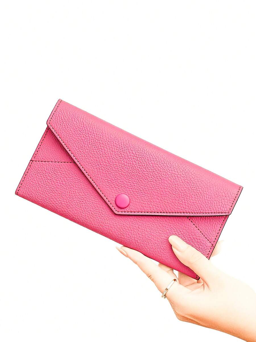 新款女士RFID防盗钱包，柔软皮革信封式长款钱包，超薄便携极简手拿包，女士钱包，旅行必备夏季单品 - 玫紅色 - 查看 1