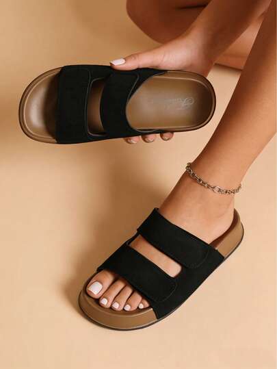 2026 New Classic Slip-On Sandals For Women, Summer Commute Beach Slippers, Hook And Loop Casual Daily Outdoor Sandals, Comfortable Thick Sole Flat Sandals, Black Thick Bottom Slides