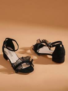 1 Pair Summer Fashion Elegant Princess Style Open Toe Low Heel Ankle Strap Flat Sandals For Teens - Black - View 3