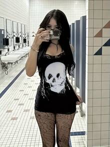 Gothic-Style Sexy Skull Print Lace Trim Slim-Fit Mini Camisole Dress, Backless Sleeveless Short Dress, Women's Summer Fashion Halloween Outfit - 黑色 - 查看 2