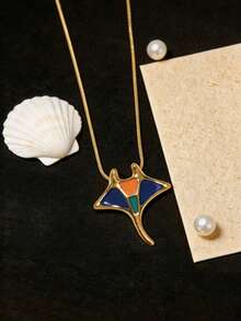 1pc 18K Gold Plated Stainless Steel Enamel Colorful Manta Ray & Devil Fish Pendant Necklace, Beach Vacation Style, Fashion Curb Chain Choker - Stingray - View 11