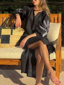 Đầm dáng rộng, thời trang, thanh lịch, cổ chữ V, tay phồng, thêu họa tiết, xẻ tà, thích hợp cho đi biển, nghỉ mát, ở nhà, dạ hội trang trọng, tiệc tựu trường, màu đen mùa xuân. - màu đen - Xem 2