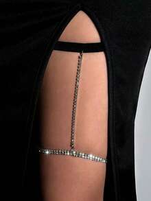 Corrente de Coxa Feminina Luxo com Strass | Joia Corporal Sexy Festa | Dourada ou Prateada Ajustável - Preto escuro - Visão 3