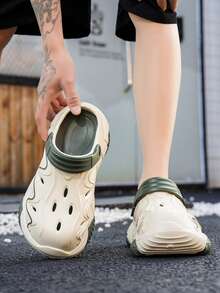 Men's Flame Pattern Sandals - Thick Sole Elevated Slide Sandals With Adjustable Heel Strap, Casual Beach & Outdoor Wear - Beige - View 2