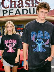 Disney Officially Licensed Graphic T Shirts 100 Percent Cotton Disney Shirt, Stitch MOM & DAD Family T-Shirt, Unisex, Washed 230g, EST 2025, Cartoon Print, Casual Short Sleeve - 黑色 - 查看 1