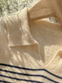 女童条纹领无袖针织套头衫，休闲校园风，适合春、夏、初秋穿着 - 杏色 - 查看 7