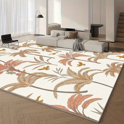 1pc Tropical Coconut Tree Style Rug, Beige Background With Gold-Brown Plant Pattern. Velvet Fabric Weighs Approx. 850g, Thickness Approx. 0.6cm. Durable, Anti-Slip, Easy To Clean Rug. Available In Multiple Sizes. Suitable For Kitchen/Living Room/Dining Room/Bedroom/Balcony/Bathroom/Study. Perfect Home Decor Choice.
