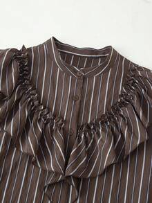 Women's Long Sleeve Striped Layered Decorative Blouse, Spring/Summer - Coffee Brown - View 4