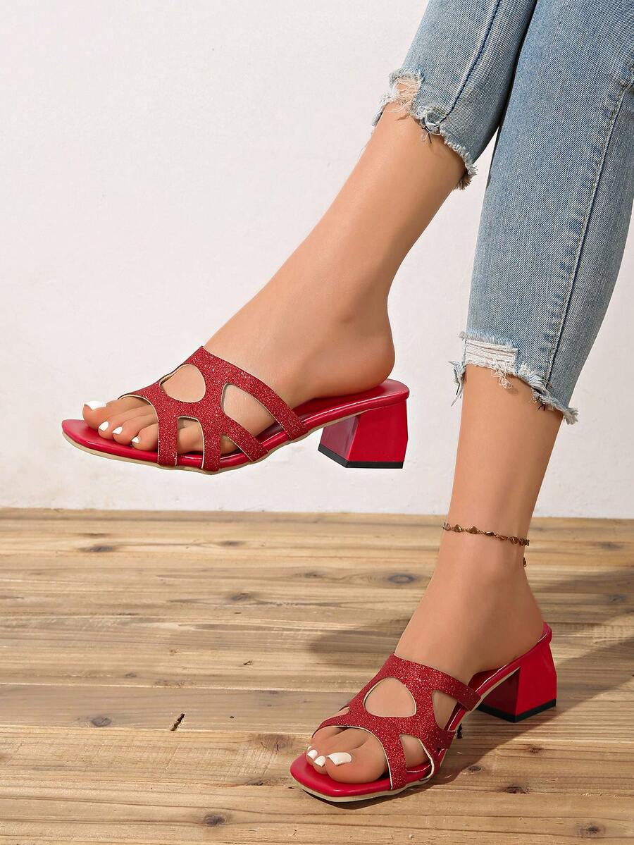 New Summer Rhinestone Thick Heel Sandals, Women's Square Toe Hollow Design Mid-Heel Shoes, Fashion Versatile Commuter Footwear - Red - View 1