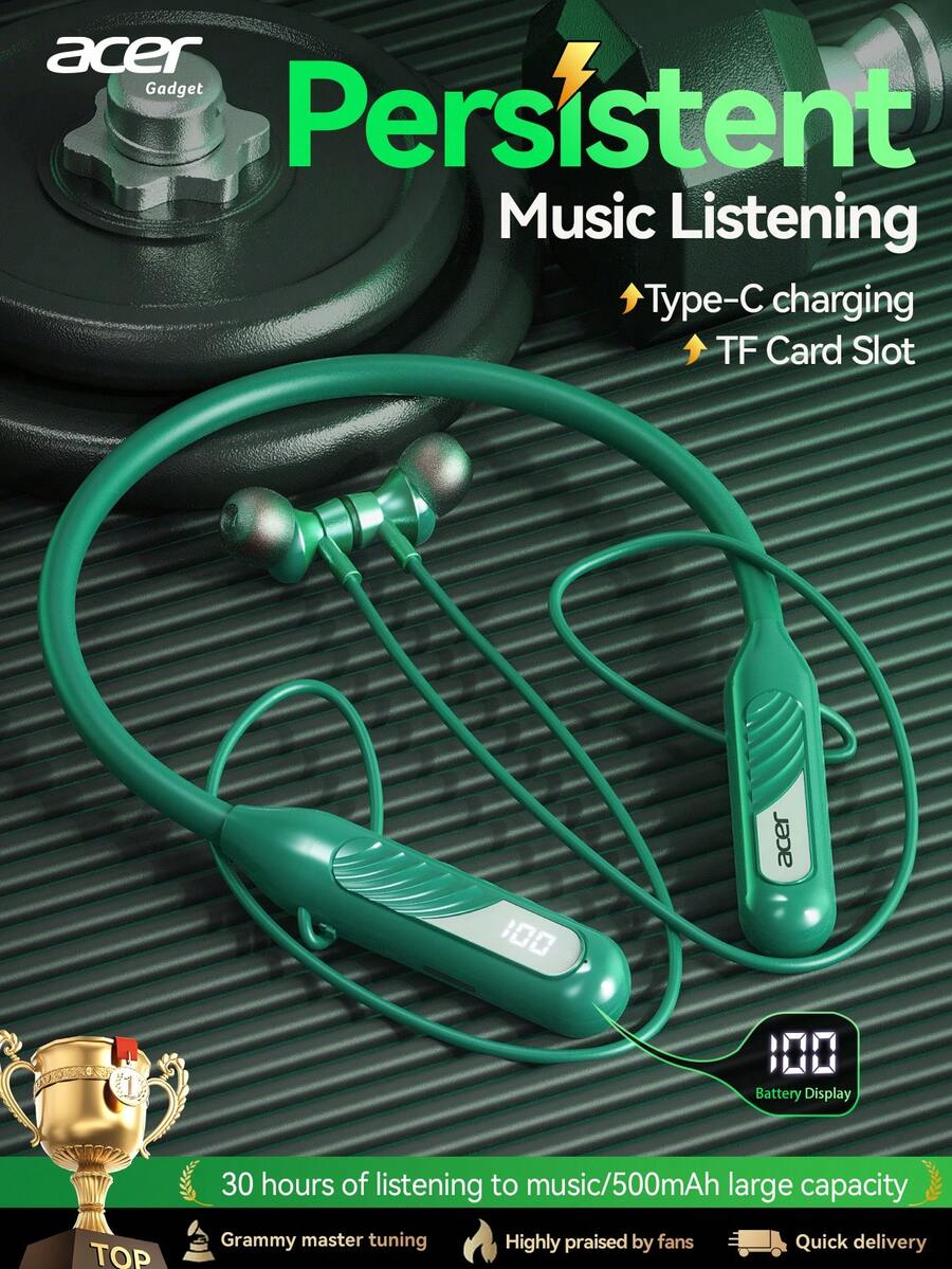 [Acer Official Genuine] OHR635 Neckband Wireless Headphones, Designed For Sports & Workout, Deep Bass High-Definition Sound Quality, Long Battery Life, Comfortable Fit, Support TF Card Playback, Magnetic Storage Anti-Lost, Compatible With Smartphones And Tablets