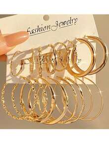 8 Pairs Metal Twist Hoop Earrings Set, Geometric Sparkling Jewelry Earrings For Women, Suitable For Daily, Party, Beach, Minimalist Style (Includes Size Chart, Please Purchase Carefully) - Gold - View 1