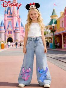 Disney-Branded Licensed Girls Children's Jeans, Stitch And Angel Partner Patterned And Printed, Straight-Leg Pants For Teenagers In Spring/Summer, Casual, , Cool, And Versatile Denim Pants - Light blue - 查看 2
