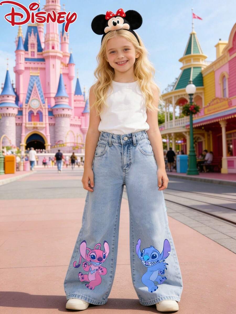 Disney-Branded Licensed Girls Children's Jeans, Stitch And Angel Partner Patterned And Printed, Straight-Leg Pants For Teenagers In Spring/Summer, Casual, , Cool, And Versatile Denim Pants - màu xanh nhạt - Xem 1
