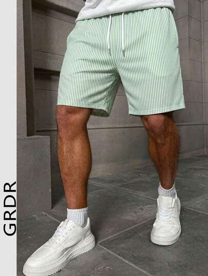  GRDR 男士度假风条纹短裤，休闲舒适简约风，及膝长度