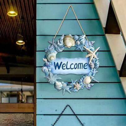 Summer Beach Ocean Theme Wooden "WELCOME" Letter Sign, Seashell Decor For Porch, Doorway