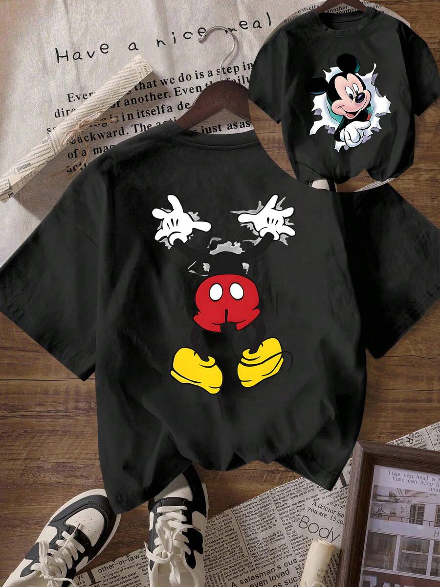 Disney Loose Fit Mickey Mouse Butt Print T-Shirt, Suitable For Summer And Spring, Short Sleeved Top, Women's Clothing, Holiday Gift Party Clothing. - 黑色 - 查看 1