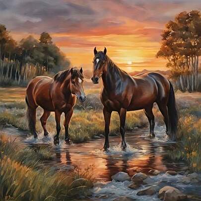 DIY Round Diamond Painting Kit - Waterscape Sunset Tones With 2 Horses, Acrylic Mosaic Art Suitable For Beginners, Frameless Wall Decor, Perfect Gift, Diamond Painting Accessories