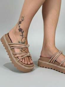 Women's Platform Sandal With Shiny Rhinestones, Comfortable - Beis - Ver 7