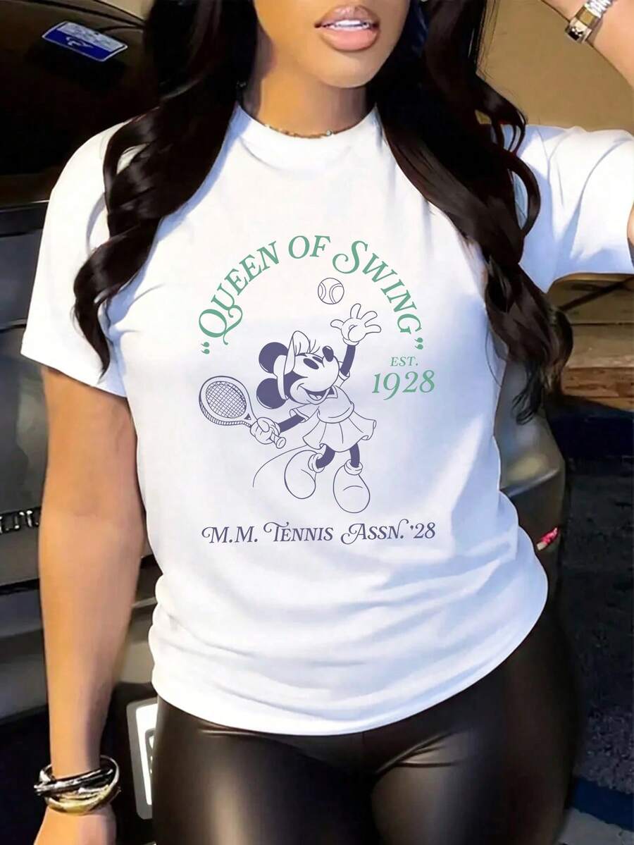 Disney Casual Women's Regular Short Sleeve Round Neck Cotton T-Shirt With Minnie Mouse Tennis Print - Blanc - Voir 1