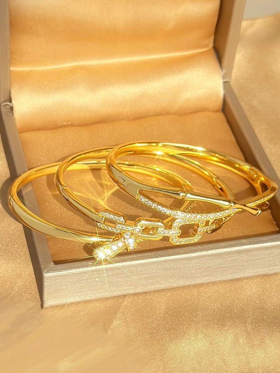 18K Gold Stainless Steel Elegant Sparkling Women's Bracelet, Suitable For Daily Wear, Party Accessory, Birthday Anniversary Gift, Halloween Christmas Thanksgiving Bohemian Style Daily Party Summer Jewelry Mom Gift Back To School Gift Birthday Wedding Gift - Multicolor - View 1