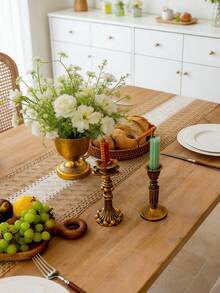 1pc Bohemian Knitted Patchwork Rectangular Table Runner, Coffee & Beige Color, Dining Table Cloth, Beige Tassel Decor, Suitable For Sideboard, Coffee Table, Cabinet Dust Cover, Home Decor, Suitable For Countryside Gathering, Dinner, Wedding, Festival And Party Decoration, Outdoor Picnic, Camping Decor, All Season, Spring/Summer - Multicolor - View 5