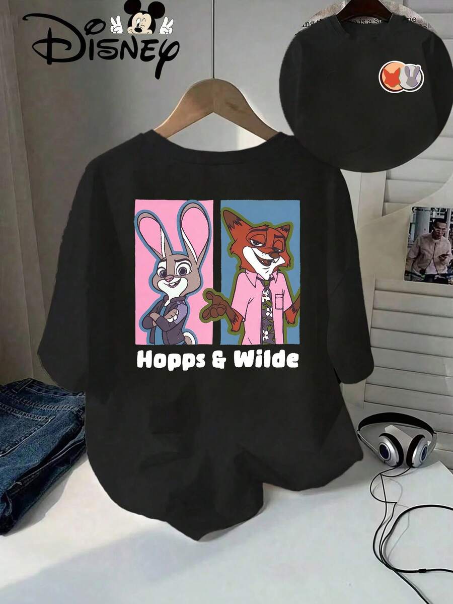 Disney Women's Casual Cotton Round Neck Short Sleeve T-Shirt With Zootopia Hopps & Wilde Print, Regular Fit Black Tee - 黑色 - 查看 1