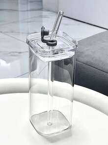 1个高品质透明方形玻璃杯，耐热，带吸管，高硼硅玻璃制成 - 透明 - 查看 8