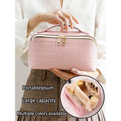 1个高级奢华化妆包，编织纹理PU皮革防水化妆包，便携式化妆品收纳包，大容量旅行配件包，化妆袋，化妆包，旅行化妆包，家用化妆包，学生化妆包，宿舍化妆包，旅行必备，过夜包，多功能包，伴侣包，情人节礼物，母亲节礼物，邮轮必备，送给她的最佳礼物，梳妆台装饰