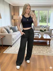 Women's Lanzinha Pants Winter Fashion Wide-Leg Pants Winter Cold - 黑色的 - 查看 2