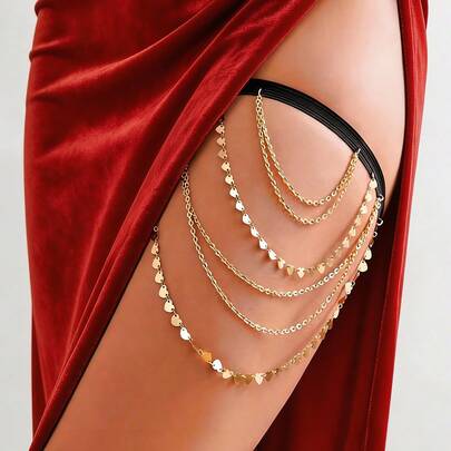 1pc Elastic Multi-Layer Heart Chain Sexy Thigh Chain, Women Beach Holiday Accessories, Suitable For Daily Wear, Party And Travel