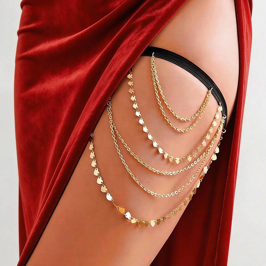 1pc Elastic Multi-Layer Heart Chain Sexy Thigh Chain, Women Beach Holiday Accessories, Suitable For Daily Wear, Party And Travel - Leg Chain - View 1