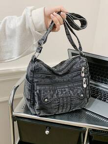 新款休闲时尚柔软牛仔布多层斜挎包，多口袋设计，多功能通勤大容量女士单肩包，适合工作通勤、购物和旅行，是牛仔女孩的完美之选。 - 黑色 - 查看 3