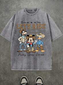 Disney Official Licensed Mickey, Goofy & Donald Cowboy "Let's Ride" Graphic T Shirts 100 Percent Cotton Disney Shirt Washed 230g Unisex - 灰色 - 查看 3