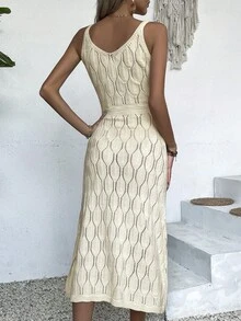 女士休闲V领纯色钩花开衩连衣裙，全白夏季款，奶油黄返校秋季款，优雅长款派对连衣裙，适合秋冬季节（图案随机） - 杏色 - 查看 2