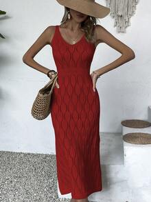 女士休闲V领纯色钩花开衩连衣裙，夏季纯白色，秋季返校季米黄色，秋冬季派对优雅长裙（图案随机）度假海滩 - 紅色 - 查看 6