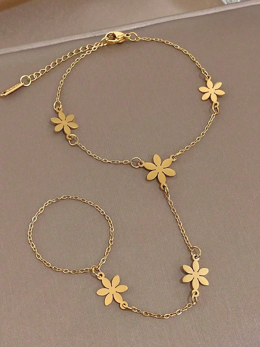 1件简约花卉指链手链,18K镀金不锈钢材质,层叠花卉链环和圆环设计,优雅的母亲节礼物,适合日常佩戴、派对、正式场合,可调节尺寸,是女士约会、度假、周年纪念、生日的理想之选,时尚配饰。 - 金色 - 查看 1
