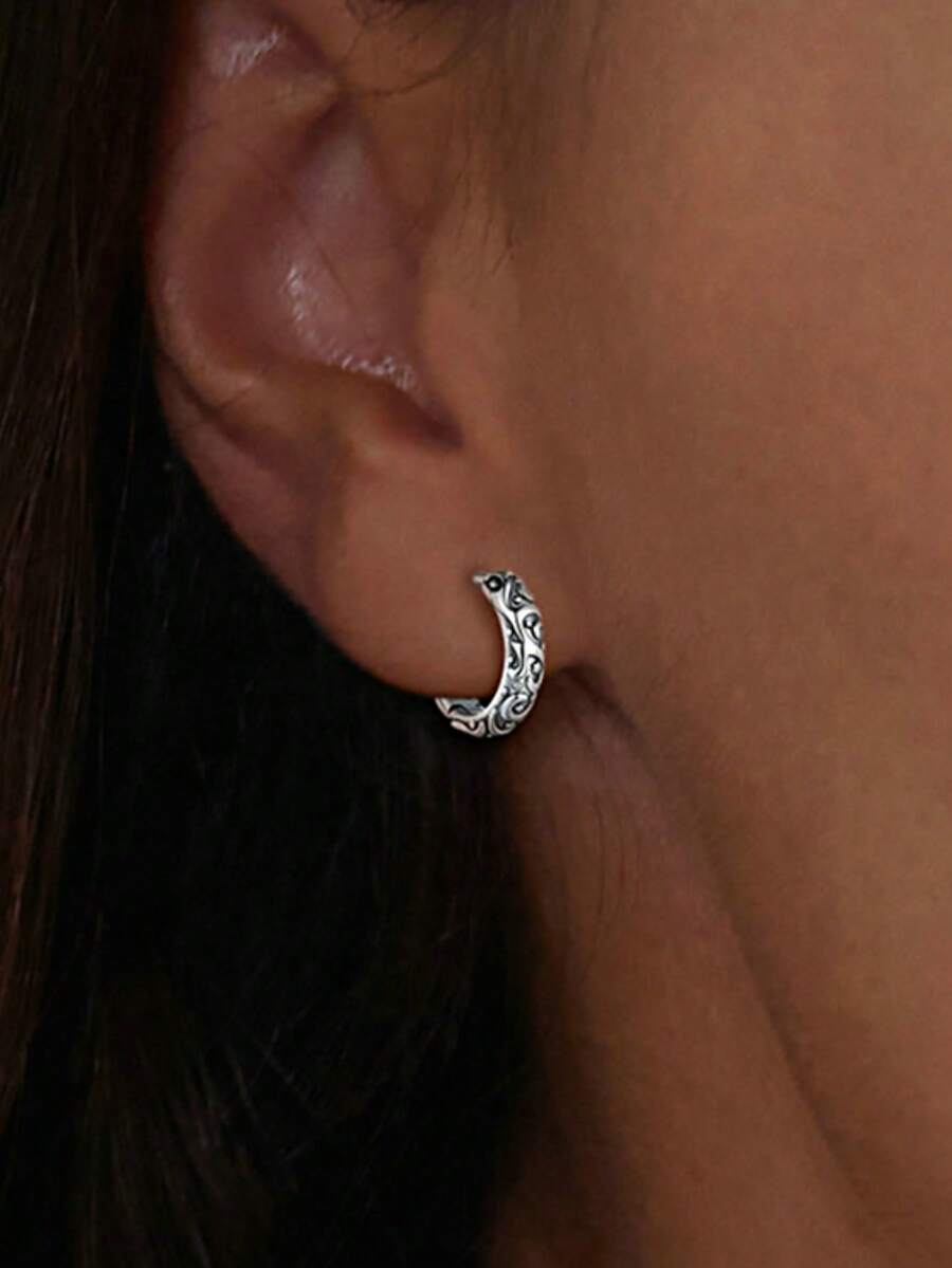 1 Pair S925 Sterling Silver Starry Sky & Sea Earrings, Unique Textured Floral Pattern, Fashionable Artistic Street Style Punk Earrings For Pierced Ears - Star - View 1