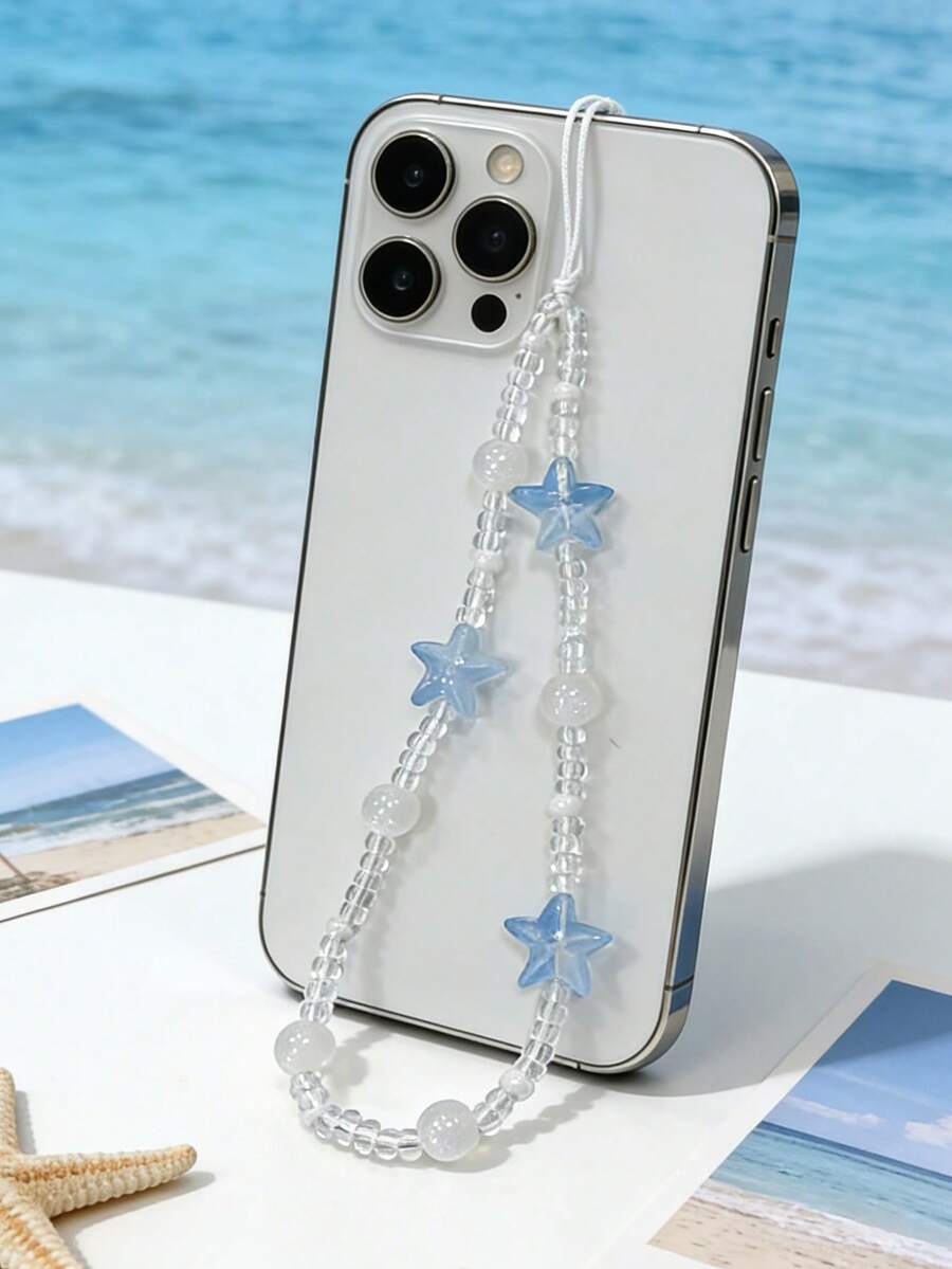 1件夏季海洋元素海星水晶珍珠闪亮手机绳，ins风女士可爱沙滩度假风夏季手机绳吊坠包包吊坠 - 彩色 - 查看 1