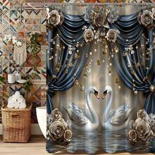 Cortina de ducha con rosas y cisne azul y dorado, decoración romántica para el baño, juego de baño de lujo con cortina de ducha, cortina de baño impermeable, decoración elegante para el baño, juego de baño que incluye cortina de ducha, cortina de baño azul y dorada, cortina de partición de baño sofisticada, decoración de baño con tema de boda, cortina de baño de tela gruesa, juego de baño opulento para el hogar - Azul y blanco - Ver 6