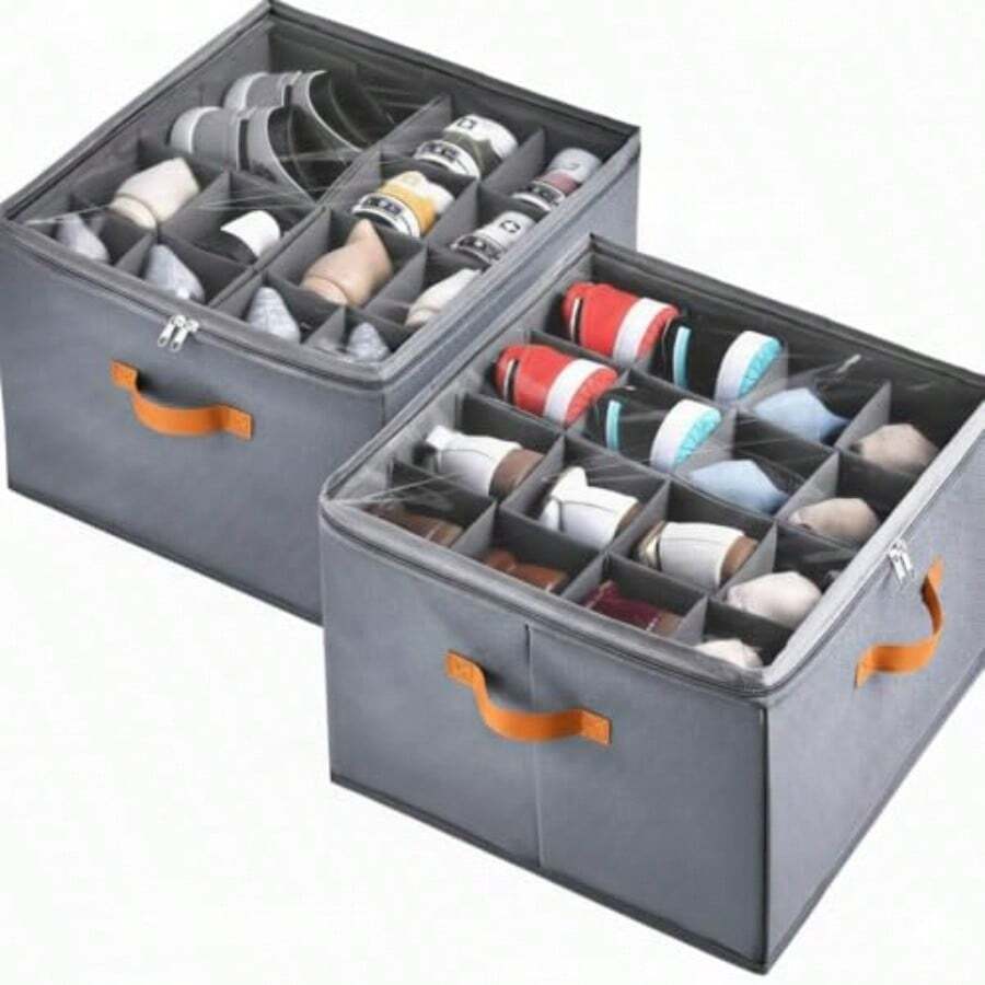 Paquete de 2 organizadores de zapatos para clóset caja de almacenamiento plegable con divisores ajustables capacidad para 32 pares tablero Oxford y polipropileno cubeta gris apilable - Gris - Ver 1