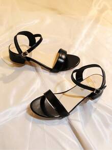 1 Pair Summer Fashion Elegant Minimalist Open Toe Low Heel Ankle Strap Sandals For Teenagers - Black - View 2