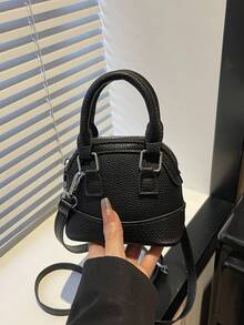 Bolso de mano mini de moda, bolso de concha pequeño de unicolor y textura de litchi versátil y elegante para mujer con correa de hombro ajustable - Negro - Ver 9