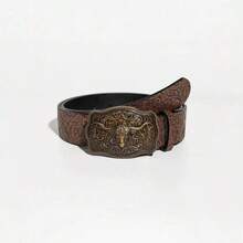 Vintage Western Cowboy Style Bull Head Buckle Brown PU Printed Decorative Belt, Fashion Punk Floral Print Bohemian PU Leather, Suitable For All Seasons - Bull Head - View 7