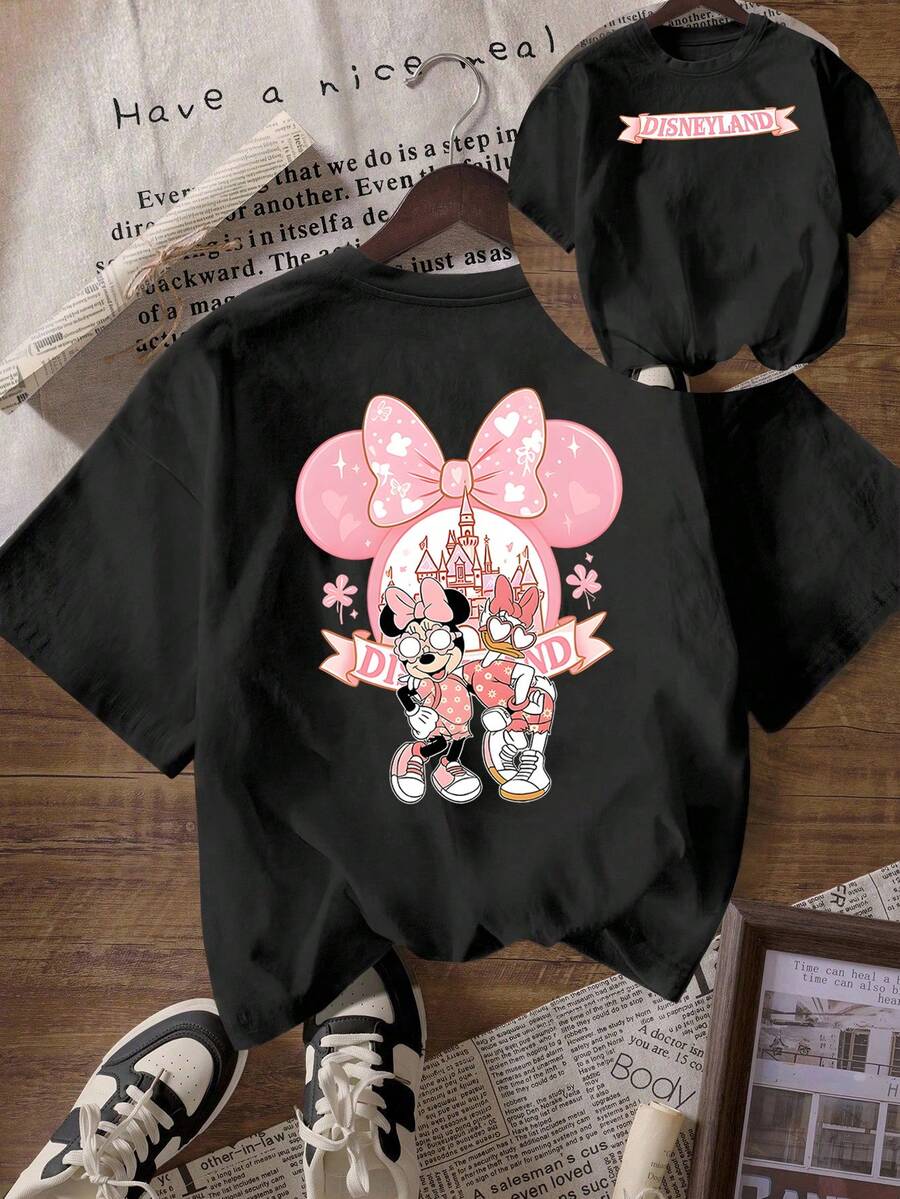 Loose Fit "Disneyland" Pink Minnie Daisy Castle Front And Back Printed T-Shirt, Suitable For Summer And Spring, Short Sleeved Top, Women's Clothing, Holiday Gift Party Clothing. - 黑色 - 查看 1